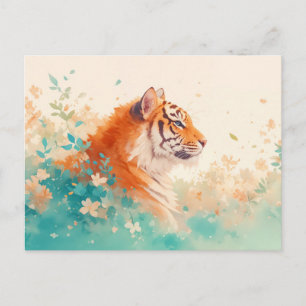 Majestueuze Oranje Tijger in Zachte Teal Tuin Briefkaart
