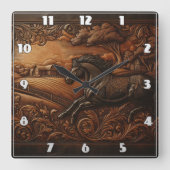 Majestueuze paardensnijwerk in rustiek landschap vierkante klok (Voorkant)