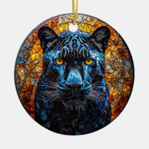 Majestueuze Panter Glas-in-Lood Kunstwerk Keramisch Ornament