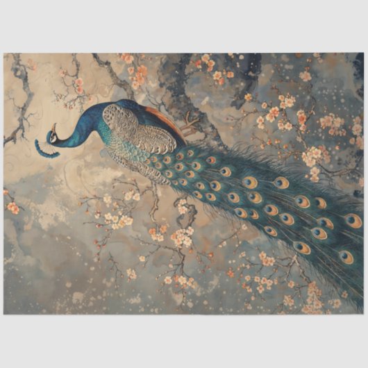 Majestueuze pauw te midden van kersenbloesems tissuepapier (Voorkant)