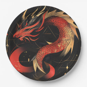Majestueuze rode en gouden Chinese drakenkunst Papieren Bordje