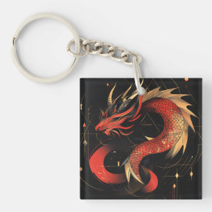 Majestueuze rode en gouden Chinese drakenkunst Sleutelhanger