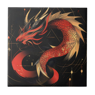 Majestueuze rode en gouden Chinese drakenkunst Tegeltje