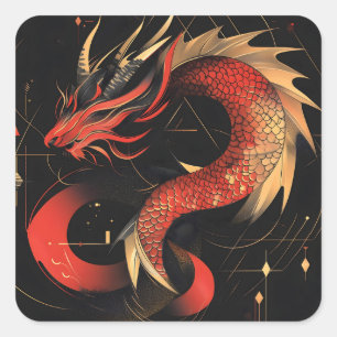 Majestueuze rode en gouden Chinese drakenkunst Vierkante Sticker