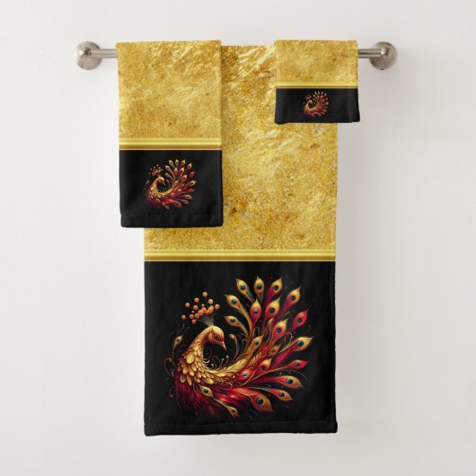 Majestueuze rode en gouden Peacock Bad Handdoek (Insitu)