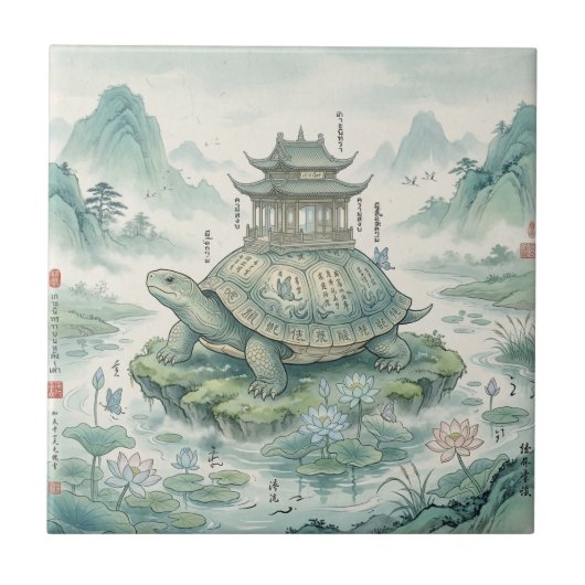 Majestueuze Schildpadpagode Inktkunst Tegeltje (Voorkant)