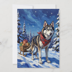 Majestueuze Siberische Husky die Kerstslede trekt Feestdagenkaart