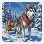 Majestueuze Siberische Husky trekt Kerstslede Vierkante Sticker (Voorkant)