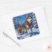 Majestueuze Siberische Husky trekt Kerstslede Vierkante Sticker (Envelop)