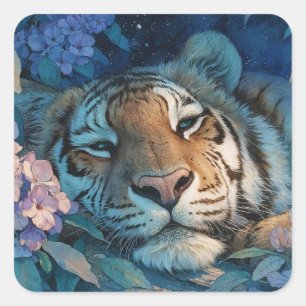 Majestueuze Slaperige Tijger in Paarse Bloementuin Vierkante Sticker