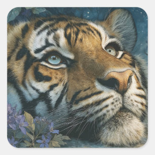 Majestueuze Tijger die gluurt door paarse wilde bl Vierkante Sticker