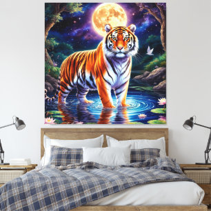 Majestueuze Tijger in een Maanverlicht Fantasielan Canvas Afdruk