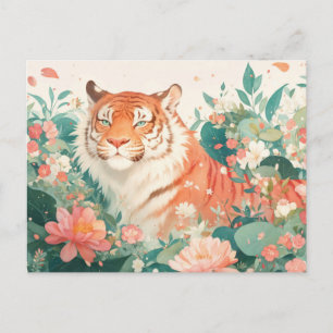 Majestueuze Tijger in Weelderige Bloementuin Briefkaart