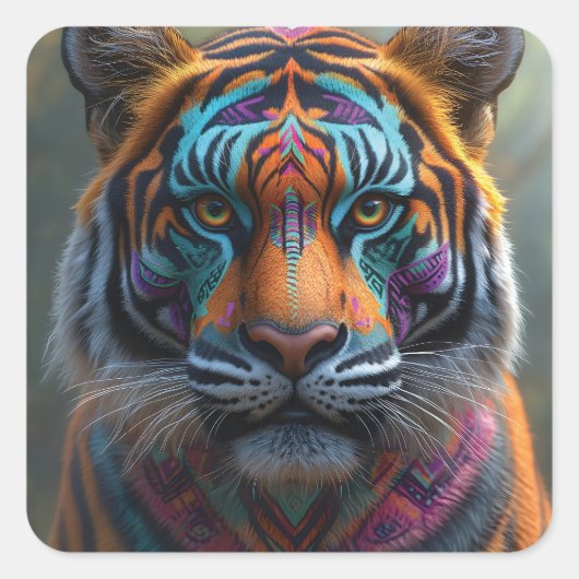 Majestueuze tijger met levendige Tribal Face Paint Vierkante Sticker (Voorkant)