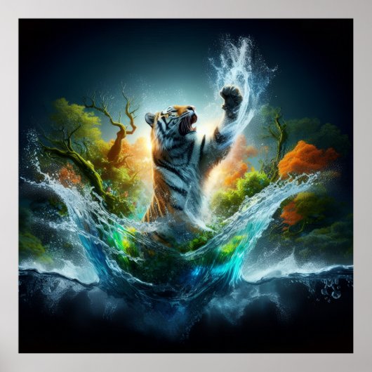 Majestueuze Tijger Splash Fantasie Wilde Natuur Poster (Voorkant)
