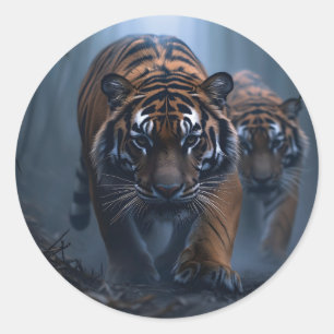 Majestueuze tijgers in een mistig Oerwoud Ronde Sticker