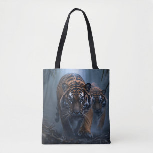 Majestueuze tijgers in een mistig Oerwoud Tote Bag