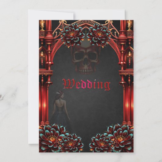 Majestueuze torens met donkere bloemen. save the date (Achterkant)