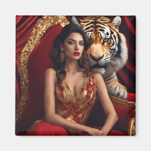Majestueuze vrouw met tijger Luxe Kracht Muur A Magneet