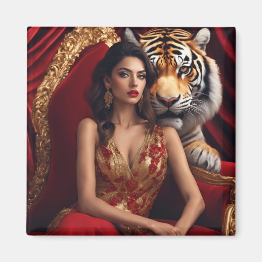Majestueuze vrouw met tijger | Luxe Kracht Muur A Magneet (Voorkant)