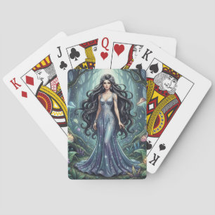 Majestueuze vrouw met zilveren jurk pokerkaarten