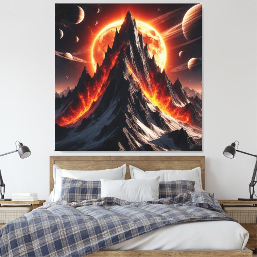 Majestueuze Vuurberg in een Hemelse Ruimte Canvas Afdruk (Insitu (Slaapkamer))