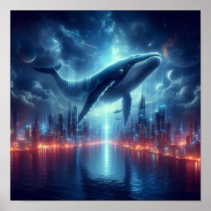 Majestueuze Walvis Boven Stedelijke Silhouet Onder Poster