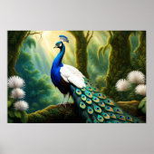 Majestueuze witte en blauwe pauw in bos poster (Voorkant)