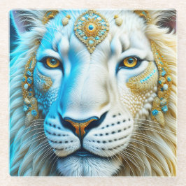 Majestueuze witte en gouden leeuw glazen onderzetter