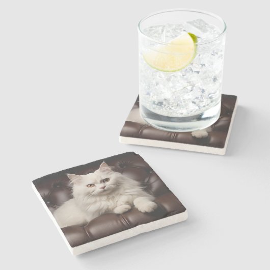 Majestueuze witte kat stenen onderzetter (Zijkant)