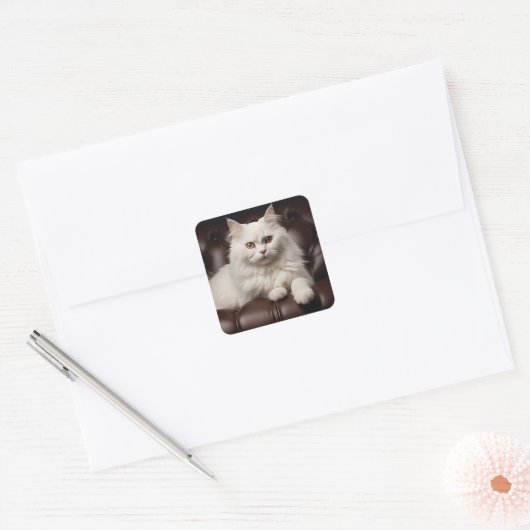 Majestueuze witte kat vierkante sticker (Envelop)