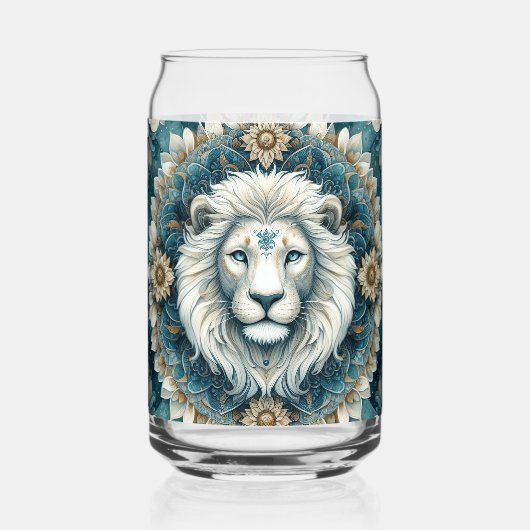 Majestueuze Witte Leeuw Blauwgroen Blauw Bloemen M Blikvorm Glas (Achterkant)