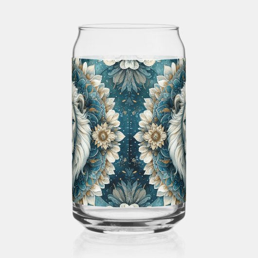 Majestueuze Witte Leeuw Blauwgroen Blauw Bloemen M Blikvorm Glas (Rechts)