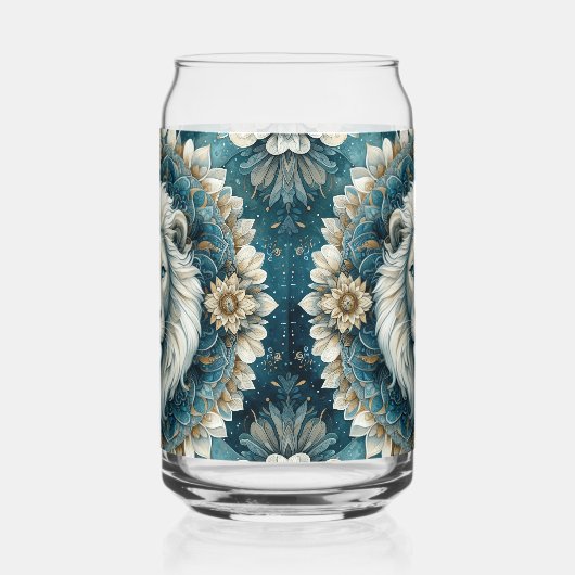 Majestueuze Witte Leeuw Blauwgroen Blauw Bloemen M Blikvorm Glas (Links)