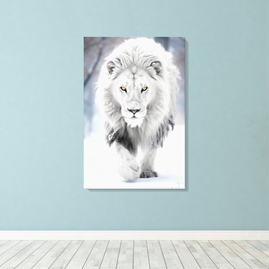 Majestueuze Witte Leeuw in Winter Wonderland Desig Canvas Afdruk (Insitu (Houten vloer))