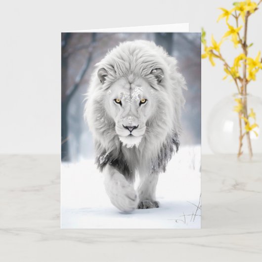 Majestueuze Witte Leeuw in Winter Wonderland Desig Kaart (Gele Bloem)