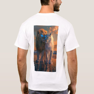 Majestueuze witte leeuw met blauwe ogen en donkere t-shirt