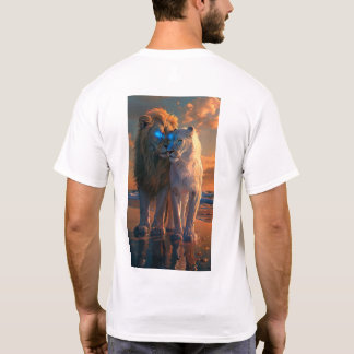 Majestueuze witte leeuw met blauwe ogen en donkere t-shirt
