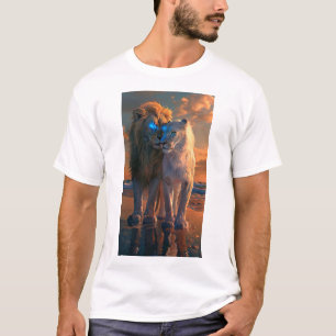 Majestueuze witte leeuw met blauwe ogen en donkere t-shirt