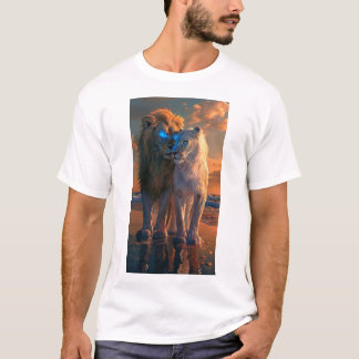 Majestueuze witte leeuw met blauwe ogen en donkere t-shirt