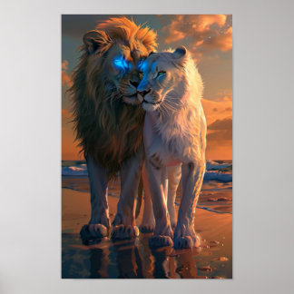 Majestueuze witte leeuw met blauwe ogen Poster