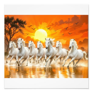Majestueuze witte paarden bij gouden zonsopgang foto afdruk