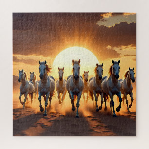 Majestueuze witte paarden bij zonsondergang woesti legpuzzel