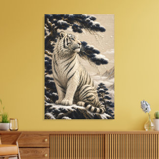 Majestueuze Witte Tijger in Besneeuwde Bergen – Gr Canvas Afdruk