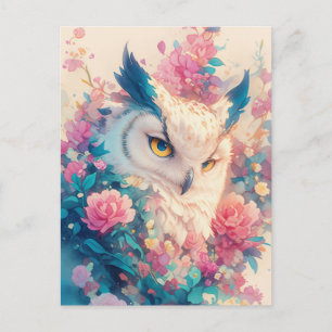 Majestueuze witte uil in roze rozentuin briefkaart