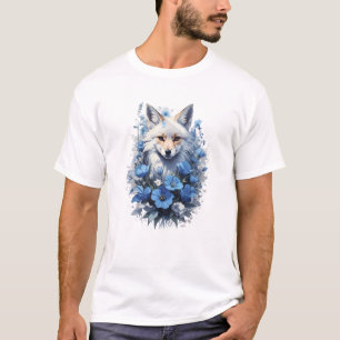 Majestueuze Witte Vos in Blauwe Bloemenboeket T-shirt