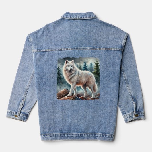 Majestueuze witte wolf in een winterbos denim jacket (Achterkant)