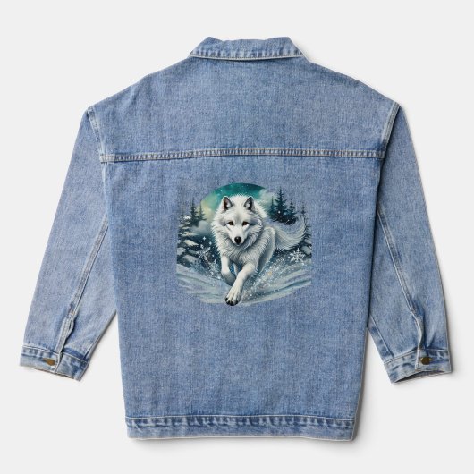 Majestueuze witte wolf in een winterwonderland denim jacket (Achterkant)