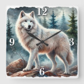 Majestueuze witte wolf in winterbos vierkante klok (Voorkant)