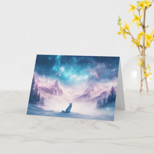 Majestueuze wolf en besneeuwde bergen kaart (Gele Bloem)